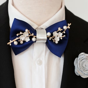 Navy blue satin mens floral bowtie boys prom bow tie wedding groomsmen bowtie gift set silver boutonniere rose flower pin rhinestones branch image 1