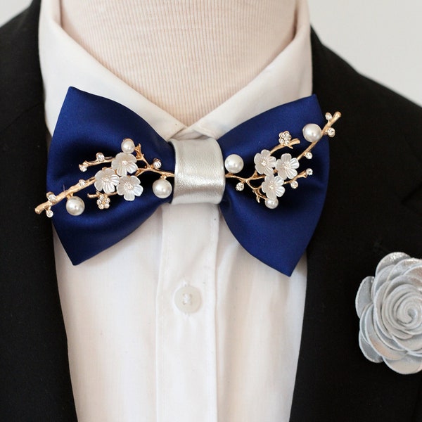 Navy blue satin mens floral bowtie boys prom bow tie wedding groomsmen bowtie gift set silver boutonniere rose flower pin rhinestones branch