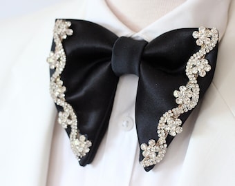 Black RETRO satin oversized big butterfly style bow tie with crystals, black satin bowties for men, wedding groom bowtie groomsmen prom
