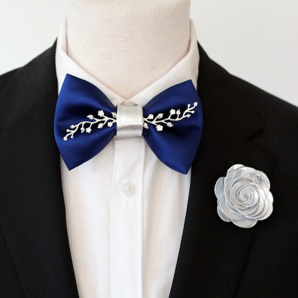 Royal blue bow tie silver rose flower boutonniere set,silver rose lapel pin blue satin bowties for men, groomsmen wedding bow tie, prom boys