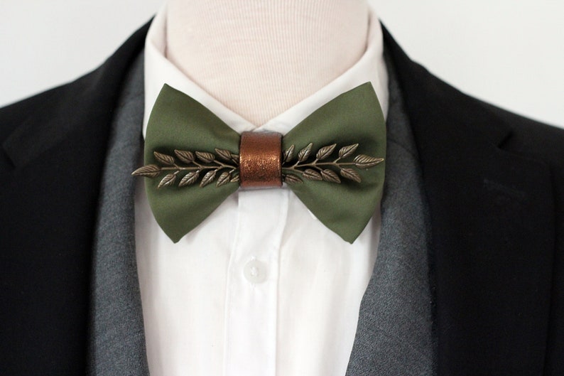 Hunters green satin mens tuxedo bow tie, hunters green rust brown formal bowties men, copper forrest wedding groom bowtie groomsmen gift set image 9