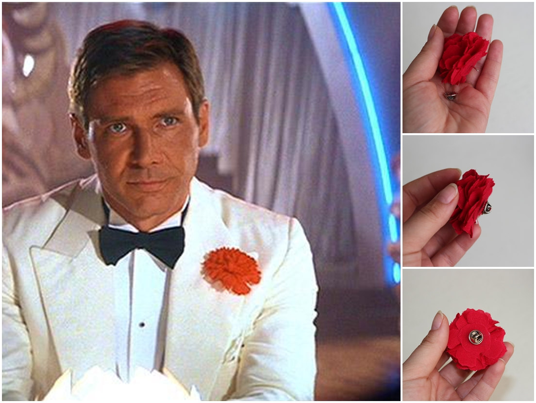 BIG Red cotton Carnation, Harrison Ford style, James bond mens boutonniere, groomsmen burgundy, lapel pin, mens lapel flower Daniel Craig,