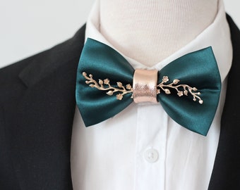 Emerald green satin bow tie, green formal bowties for men hunters green wedding groom bowtie groomsmen gift boys prom suit metallic rosegold