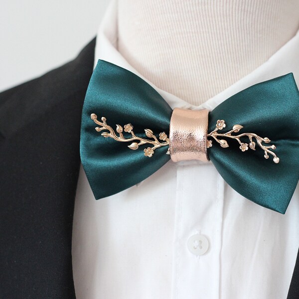 Emerald green satin bow tie, green formal bowties for men hunters green wedding groom bowtie groomsmen gift boys prom suit metallic rosegold