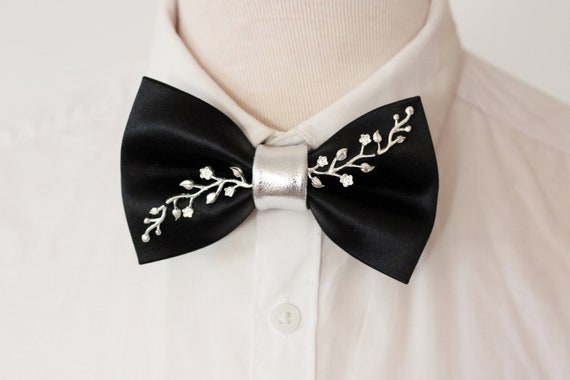 Black Bow Tie, Silver Vine Men's Elegant Satin Bow Tie for Men