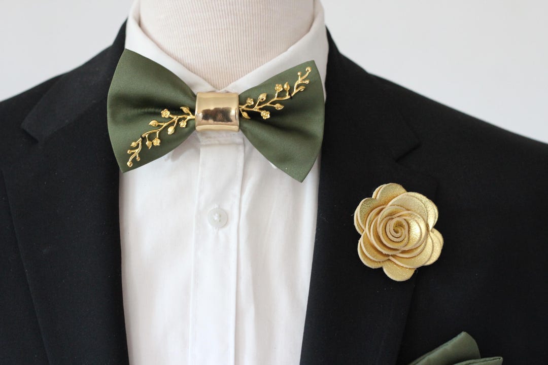 Olive Green Pretied Satin Bow Tie, Green Gold Branch Formal Bowties for ...