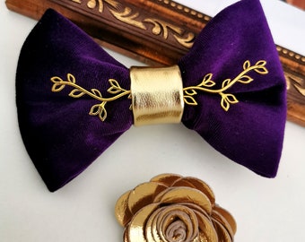 purple bowtie, Violet mens velvet Bow Tie set, eggplant wedding, gold lapel pin boutonniere, Groom boys prom formal suit, toddler set, boys