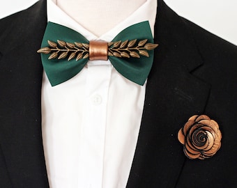 Hunters green satin mens bow tie boutonniere set, emerald green rust brown vines branch bowtie, copper forest wedding groom, groomsmen gift