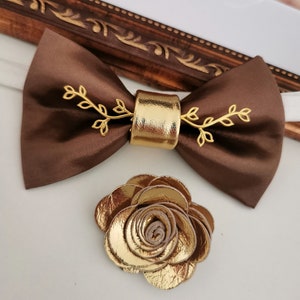 Rust brown copper satin wedding prom bow tie set champagne gold bowties men copper taupe boutonniere fall prom boys groomsmen suit bowtie