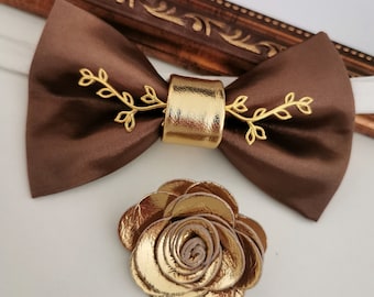 Rust brown copper satin wedding prom bow tie set champagne gold bowties men copper taupe boutonniere fall prom boys groomsmen suit bowtie