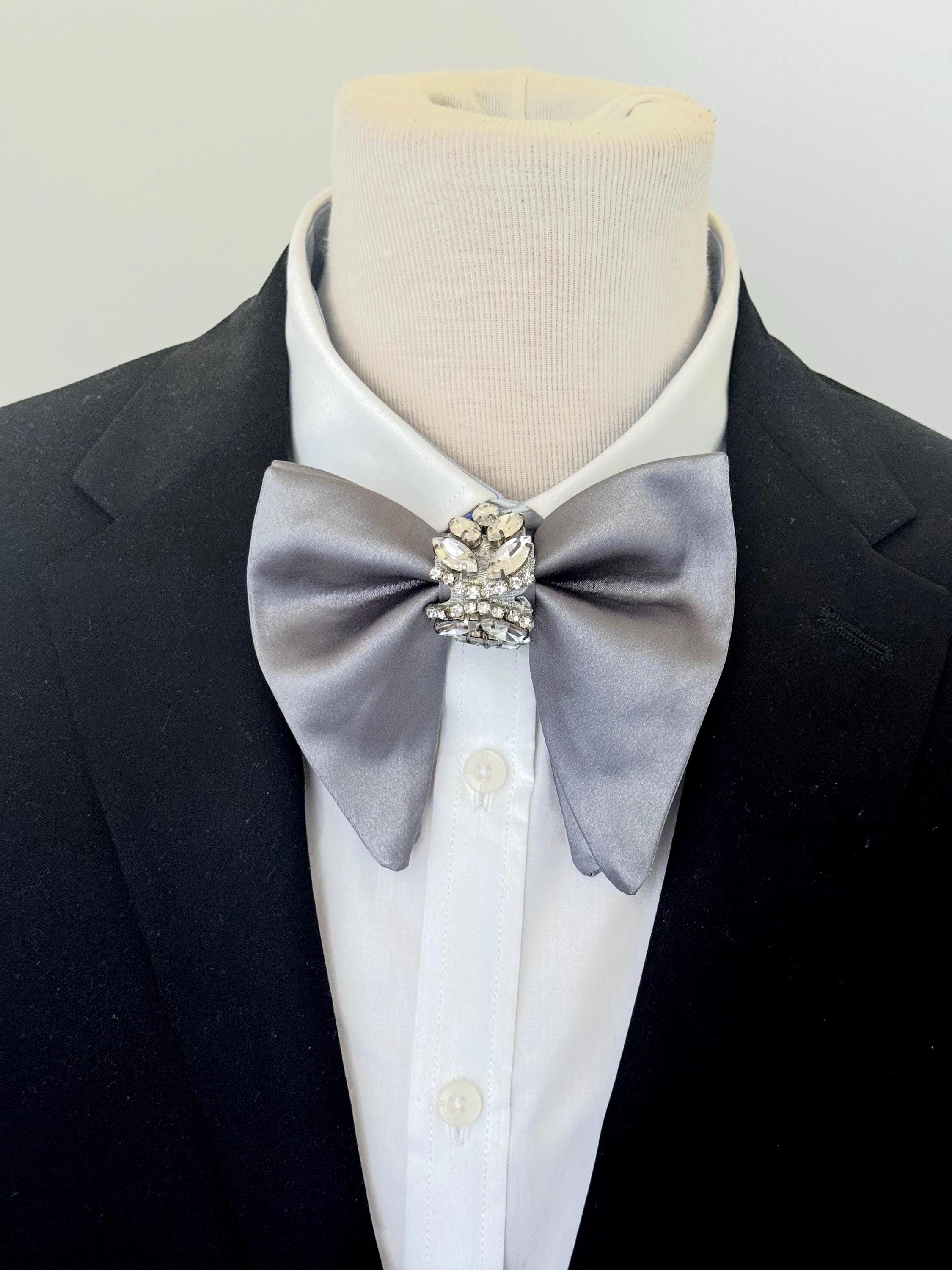 Oversized elegant silver gray satin butterfly style bow tie with silver crystals graphite gray bowties formal tuxedo charcoal gray bowtie