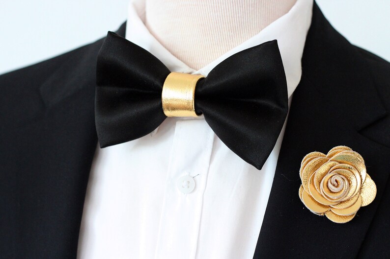Black Bowtie Gold Mens Leather Bow Tie for Men Gold Wedding - Etsy