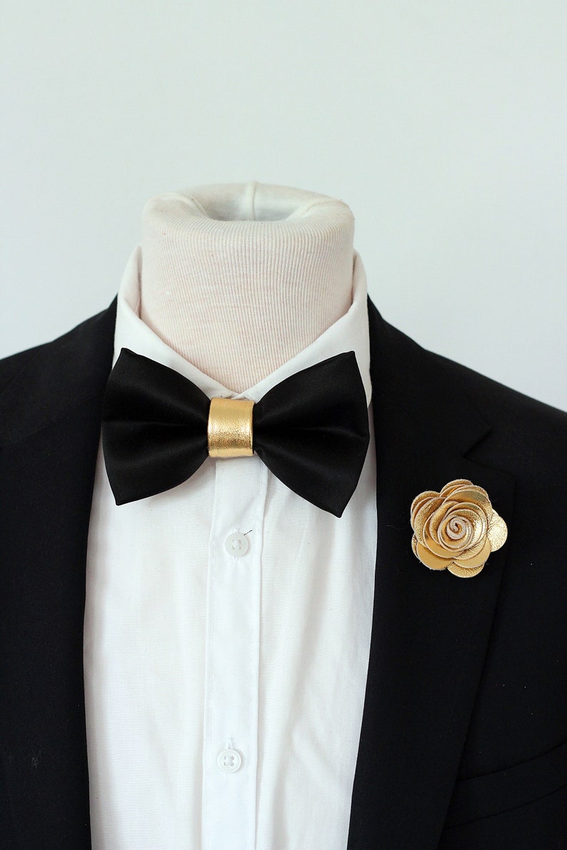 Black Bowtie Gold Mens Leather Bow Tie for Men Gold Wedding - Etsy