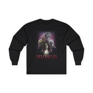 May include: Black long-sleeve shirt featuring a graphic from the horror film Hellraiser. The graphic includes several characters and the film's title in red. The shirt is made of a soft, comfortable material.