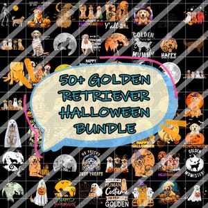50+ Golden Retriever Halloween Png Bundle, Cute Dog Halloween Costume Png, Spooky Puppy Clipart, Funny Pet Digital Download