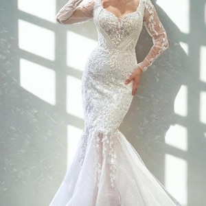 Elegant Mermaid Wedding Dress with Long Sleeves | Beaded Lace & Tulle Train