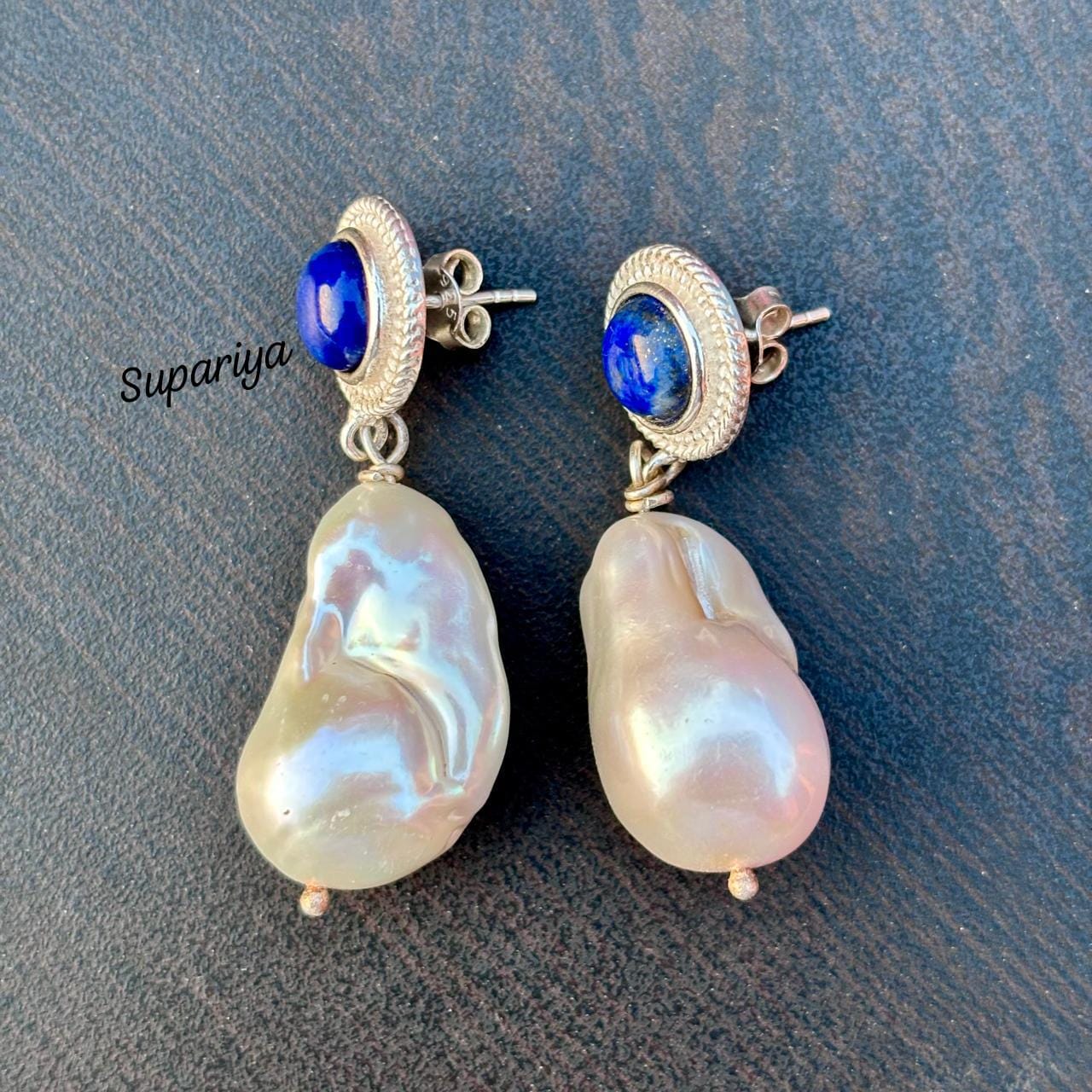 Sterling Silver Pearl &lapis Lazuli Earring, Stud Earrings - Etsy