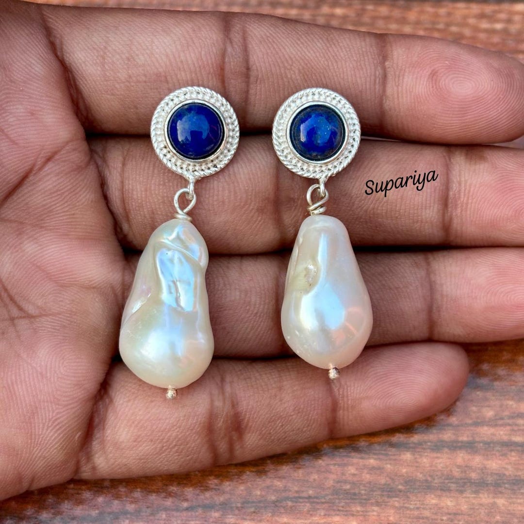 Sterling Silver Pearl &lapis Lazuli Earring, Stud Earrings - Etsy