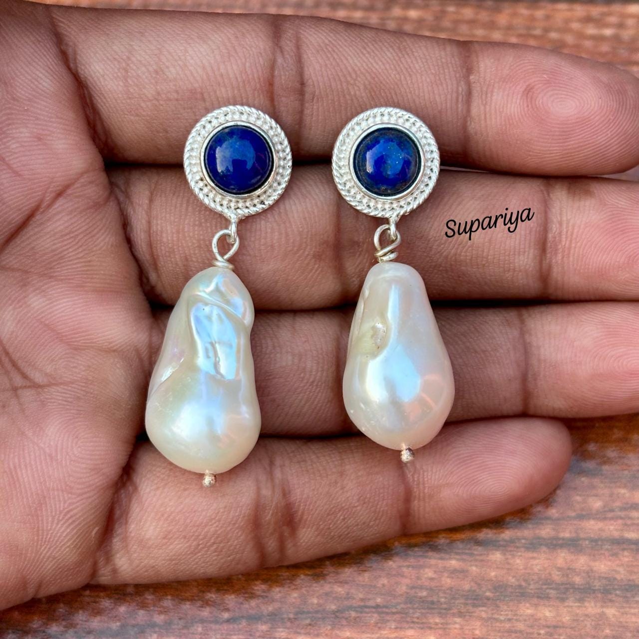 Sterling Silver Pearl &lapis Lazuli Earring, Stud Earrings - Etsy