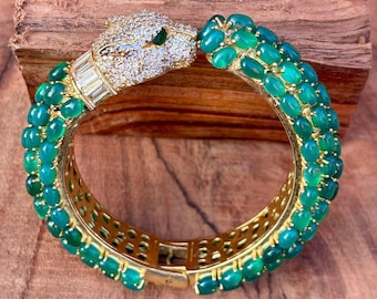Green Onyx Lion Bangle: Oval Gemstone Cuff, Openable Bangle - Etsy