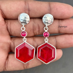 Ruby Tuormaline Earrings: Hexagon Red Gemstone, Sterling Silver, Handmade