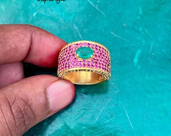 Handgemachte Gold gefüllter Smaragd & Rosa Stein Ring