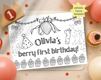 Berry First Birthday Activity Sheet Printable Personalised Birthday Colouring Placemat For Kids Activity Table Mat Birthday Games Template
