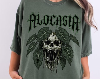 Edgy Alocasia Comfort Colors® T-shirt Houseplant Tops Gothic Plant Shirt Alternative Skull Plant Lover Gift Plant Collector Dark Botanical