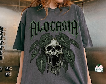 Alocasia Tee Comfort Colors® Edgy krukväxt-T-shirt gotisk växtskjorta alternativ dödskalle växtälskare gåva Alocasia samlare mörk botanisk