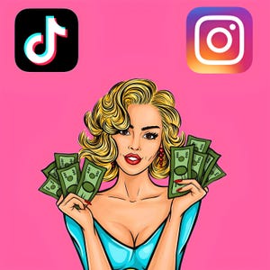 Puede incluir: Ilustración de arte pop de una mujer con cabello rubio sosteniendo fajos de billetes de 100 $. La imagen presenta los logotipos de TikTok e Instagram sobre un fondo rosa. La mujer lleva un vestido azul y pendientes rojos.