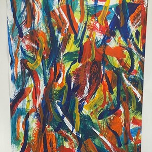 May include: Abstract painting with bold brushstrokes in vibrant colors. The artwork features a mix of blue, orange, yellow, green, and red hues, creating a dynamic and energetic composition. Signed "J. Mers" in the bottom right corner.