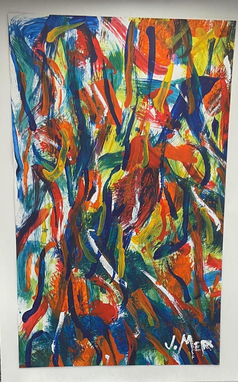May include: Abstract painting with bold brushstrokes in vibrant colors. The artwork features a mix of blue, orange, yellow, green, and red hues, creating a dynamic and energetic composition. Signed "J. Mers" in the bottom right corner.