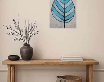 Blue and Green Leaf print on canvas. 12" x 18"