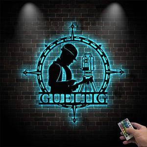 Personalized Land Surveyor Metal Sign with LED Light, Civil Engineer Office Decor, Total Station Wall Art, Gift Equipment Builder, Dad Gift 