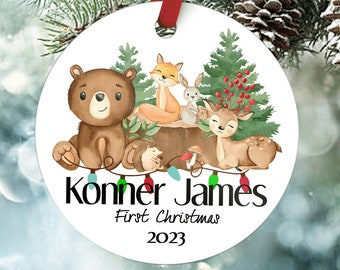 Baby's Frist Christmas, Personalized Christmas Ornament, Reindeer Ornament, Yearly Ornament, Holiday Tradition, Woodlands, Critters