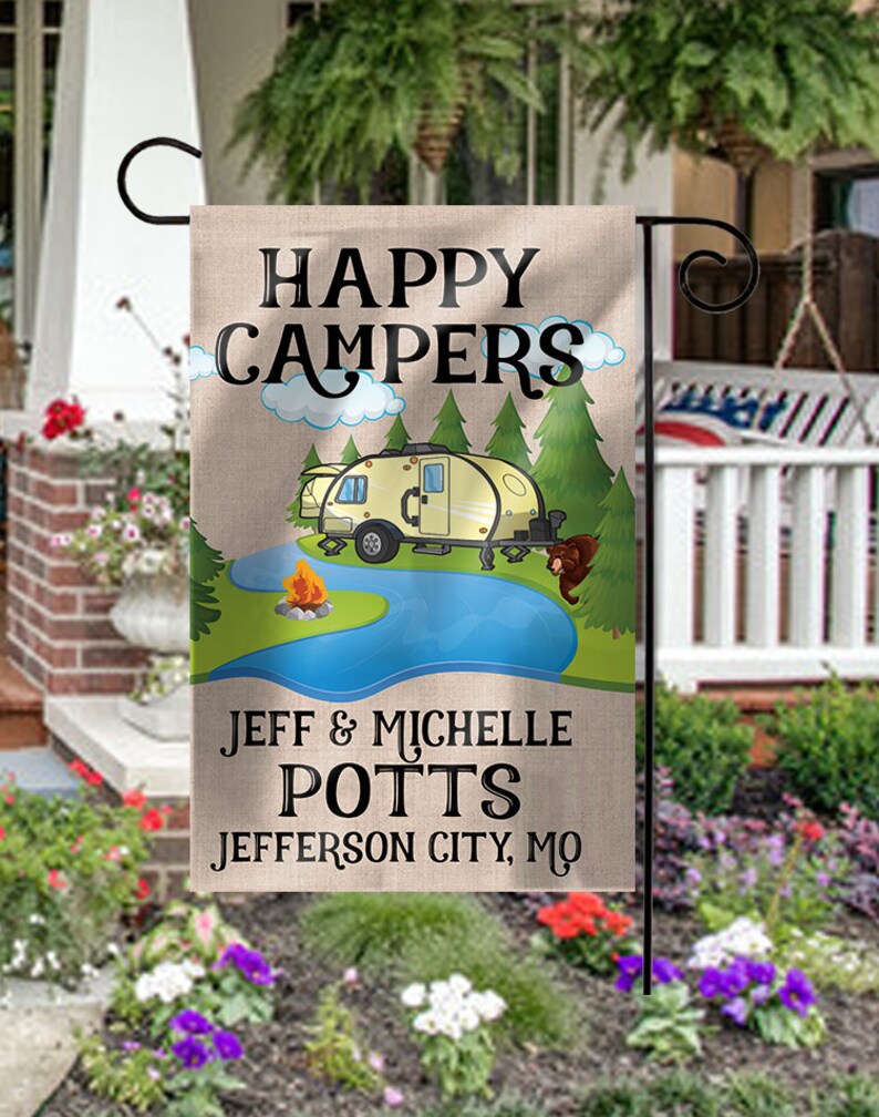 Custom Camper Garden Flag Personalized RV Gift for Happy Campers, Unique Mother's Day or Father's Day Gift image 1