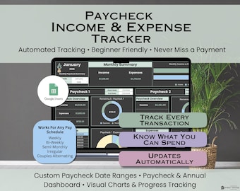Paycheck Expense Tracker Google Sheets, Einnahmen- und Ausgabentabelle, wöchentlicher Ausgabenplaner, Budget nach Gehaltsbudgetbudgetvorlage