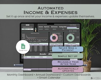 Income and Expense Tracker, Google Sheets Budget Spreadsheet, Automated Smart Calendar, Custom Bill and Subscription Planner Template