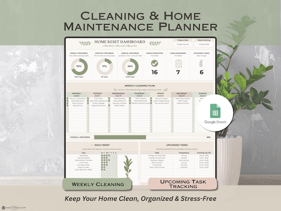 Cleaning Planner for Google Sheets, Home Maintenance Tracker, Household Task Organizer, Recurring Cleaning Schedule Spreadsheet