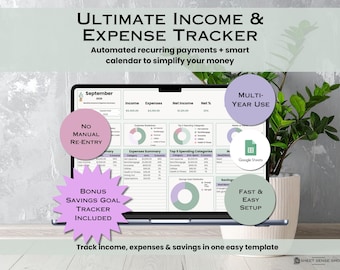 Einnahmen- und Ausgabenübersicht, Google Sheets Budgetvorlage, intelligenter Kalender, wiederkehrende Zahlungen, Sparziel-Tracker, Finanztabelle