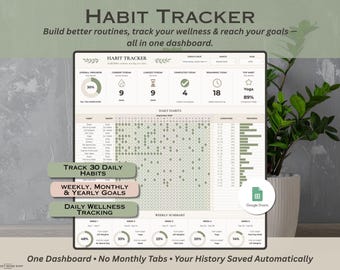 Habit Tracker Spreadsheet for Google Sheets: Daily and Monthly Habits, Goals and Wellness Planner