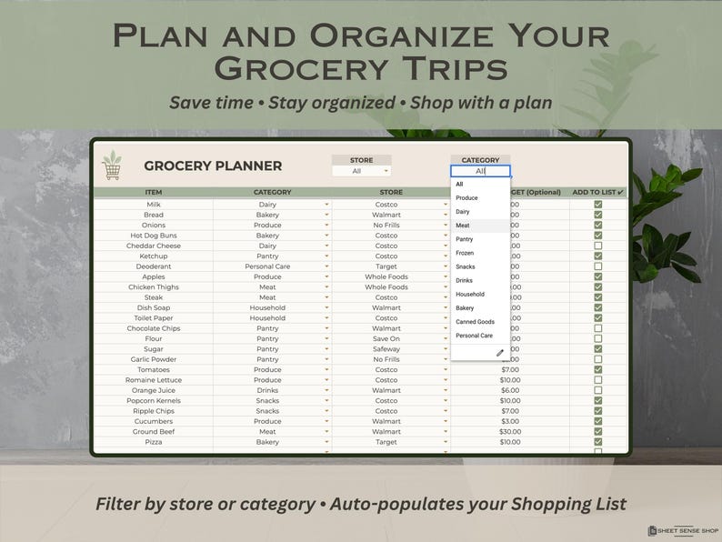 Grocery Planner for Google Sheets, Grocery Shopping List, Digital Grocery Planner, Spending Tracker Template, Grocery Budget Spreadsheet