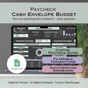 May include: A digital budgeting tool displayed on a laptop screen. The interface includes sections for paycheck summaries, custom dates, and filterable transactions. Text on the screen reads "PAYCHECK CASH ENVELOPE BUDGET" and "Google Sheets."