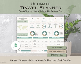 Reiseplaner-Vorlage für Google Tabellen, Urlaubsplanungs-Tabelle, Reiseverlauf mit Packliste und Reisebudget-Organizer