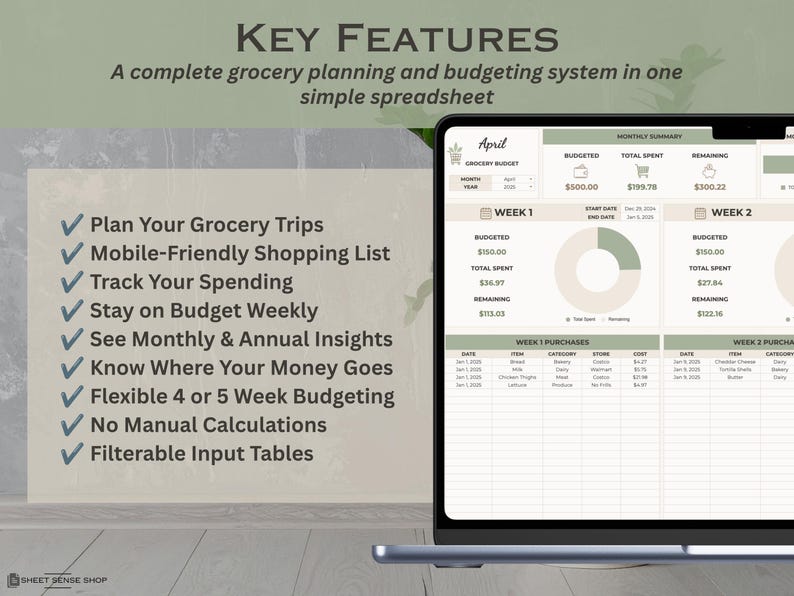 Grocery Planner for Google Sheets, Grocery Shopping List, Digital Grocery Planner, Spending Tracker Template, Grocery Budget Spreadsheet