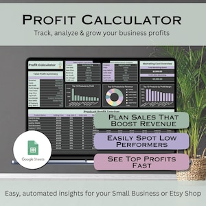 May include: A digital profit calculator displayed on a computer screen. The screen shows data analysis charts and graphs, with text that reads "Plan Sales That Boost Revenue", "Easily Spot Low Performers", and "See Top Profits Fast". A Google Sheets logo is also visible.