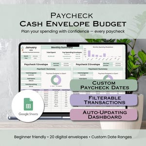 Puede incluir: Un presupuesto digital de sobres de efectivo que se muestra en la pantalla de una computadora portátil. La pantalla muestra una hoja de cálculo con datos financieros, gráficos circulares y el texto "PAYCHECK CASH ENVELOPE BUDGET". Incluye fechas de pago personalizadas y un panel de control de actualización automática.