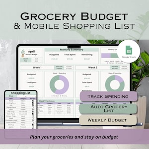 Mall för matbudget för Google Sheets, matplanerare och inköpslista med veckovis utgiftsspårning, familjens matkalkylblad