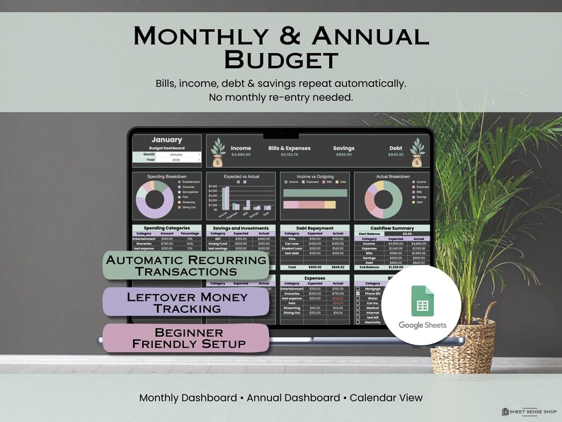 Monthly Budget Spreadsheet, Google Sheets Annual Budgeting Planner ...