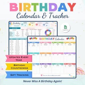 Birthday Calendar for Google Sheets, Birthday Tracker, Family Birthday Organizer, Birthday Planner Spreadsheet, Birthday Reminder Template